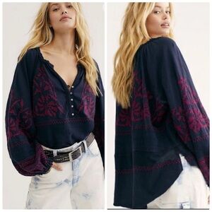 Free People Persuasion Embroidered Navy and Red Women's Boho Top Large